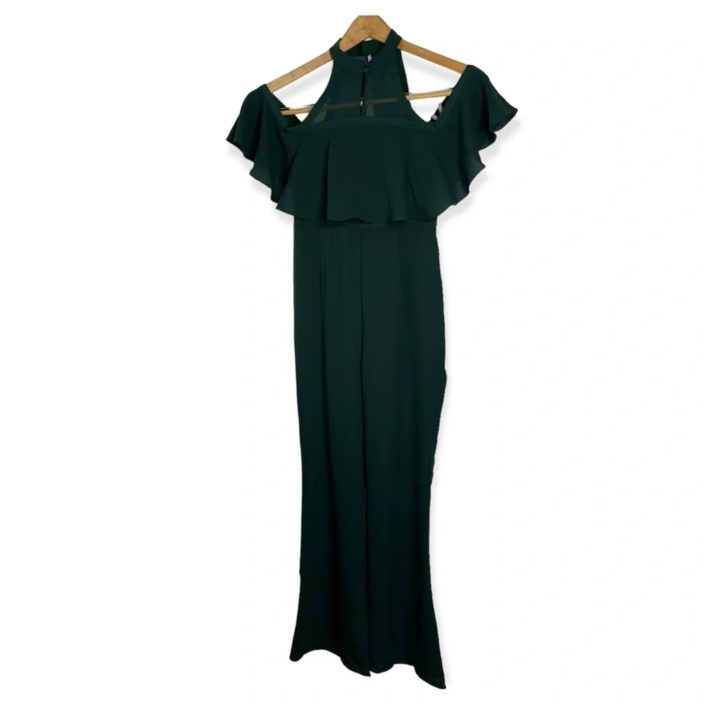 FAME& PARTNERS Green The Ellis Jumpsuit Flare Leg Size 2 Ruffle
